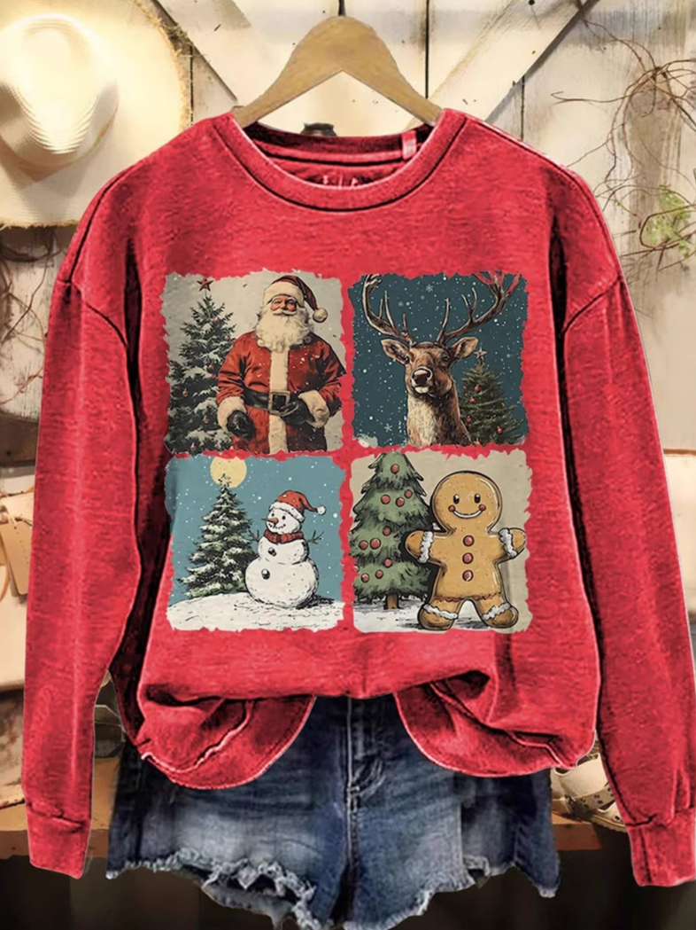 Casual Crew Neck Christmas Art Print Sweatshirt