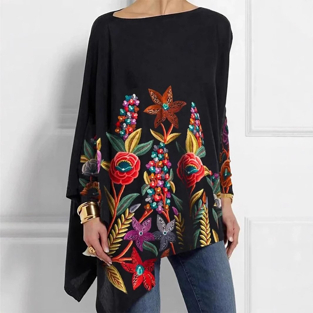 Crew Neck Long Sleeve Floral Regular Micro-Elasticity Loose Blouse For Women