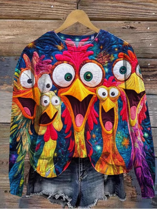 Funny Chicken Art Print Casual Crew Neck Animal Sweatshirt