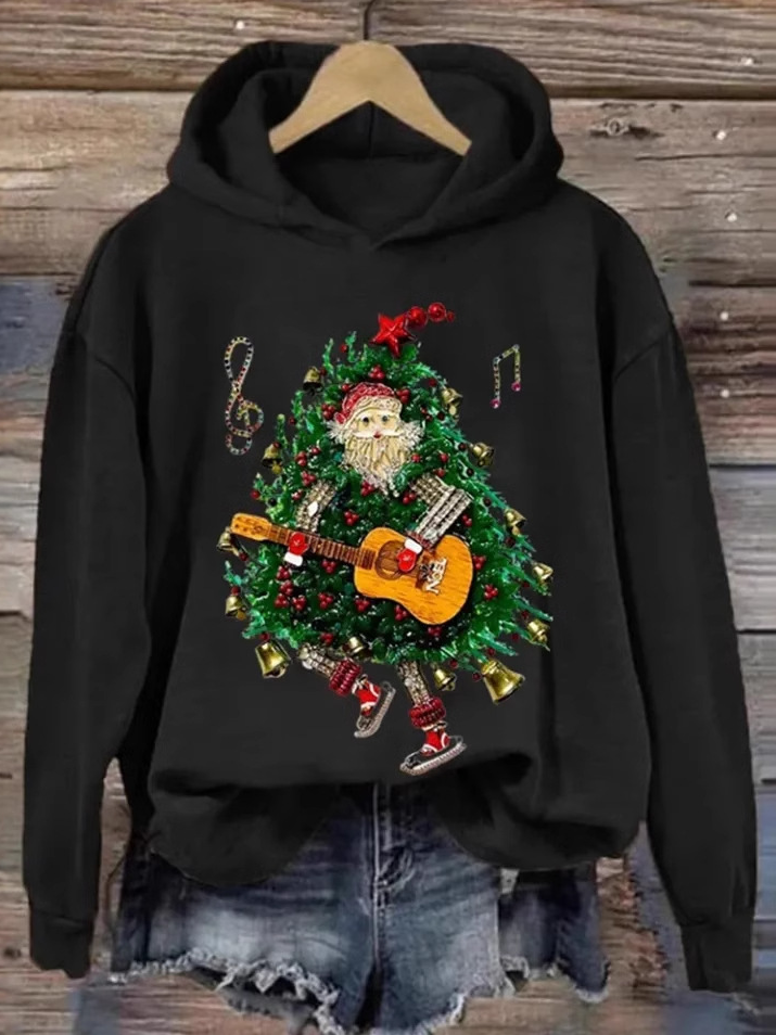 Casual Hoodie Christmas Tree Art Print Sweatshirt