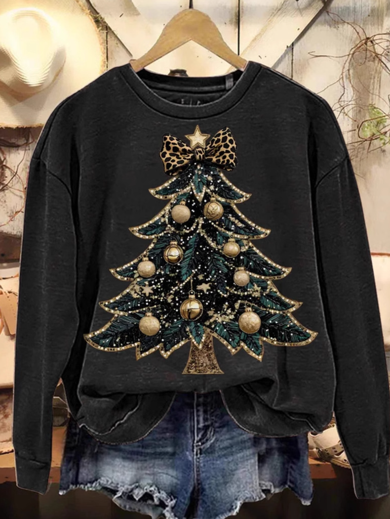 Christmas Tree Art Print Casual Crew Neck Christmas Sweatshirt