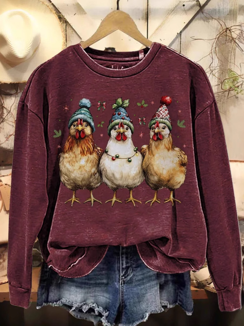 Funny Chicken Art Print Casual Crew Neck Animal Sweatshirt