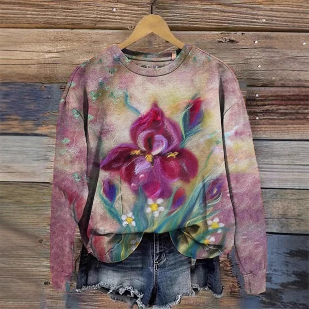 Casual Crew Neck Floral Sweatshirt