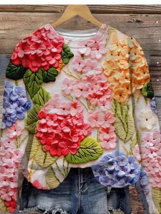 Casual Crew Neck Floral Sweatshirt