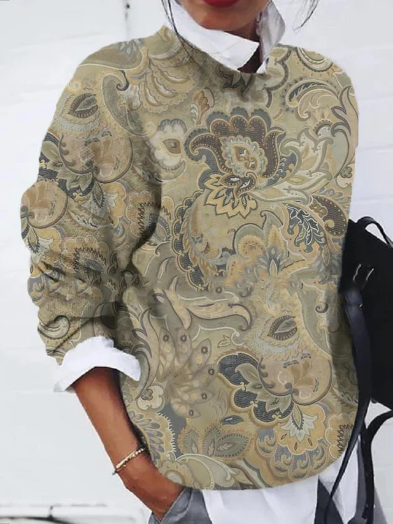 Casual Crew Neck Floral Sweatshirt Zipper