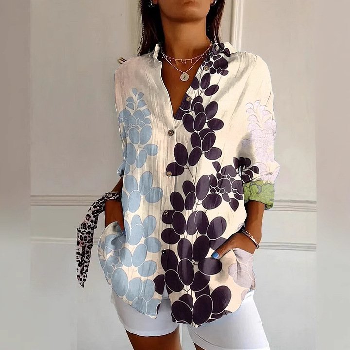 Shirt Collar Long Sleeve Floral Regular Loose Shirt For Women