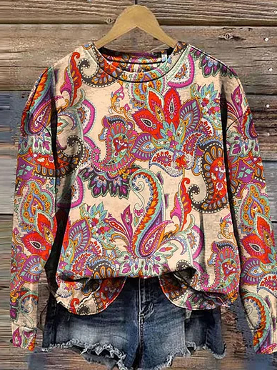 Casual Crew Neck Ethnic Sweatshirt