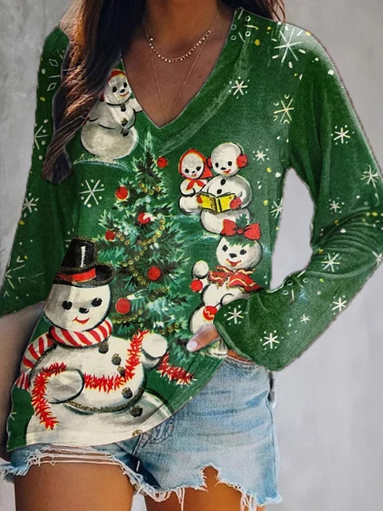 Casual Christmas V Neck Long Sleeve T-shirt