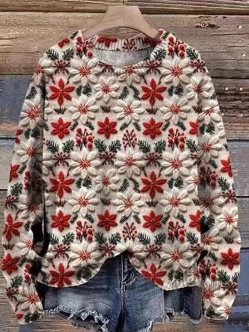 Casual Crew Neck Floral Sweatshirt