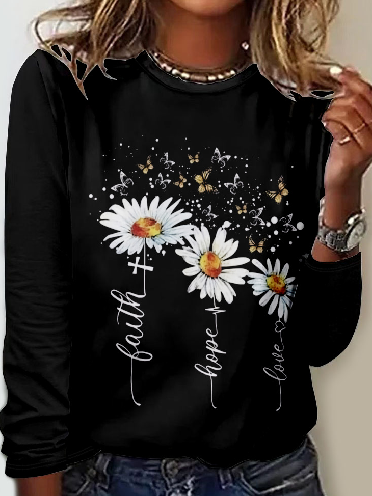 Casual Floral Crew Neck Long Sleeve T-shirt