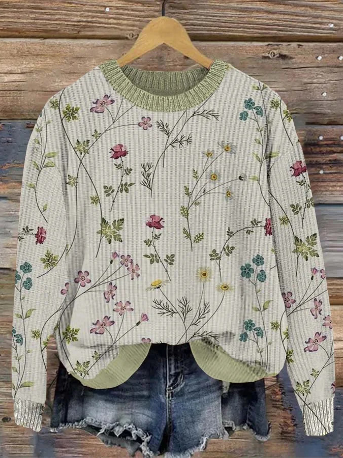 Casual Crew Neck Floral Sweatshirt