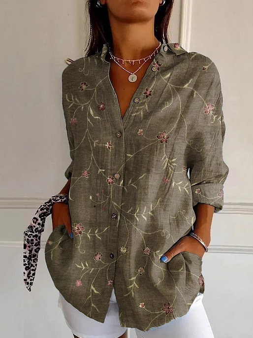 Shirt Collar Long Sleeve Floral Regular Loose Shirt For Women