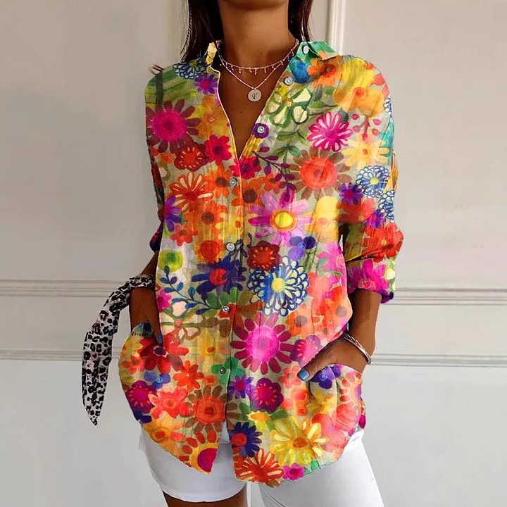 Shirt Collar Long Sleeve Floral Regular Loose Shirt For Women