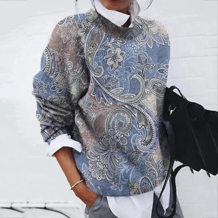 Casual Crew Neck Floral Sweatshirt Zipper