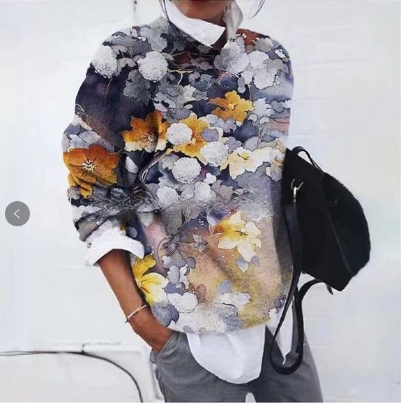 Casual Crew Neck Floral Sweatshirt Zipper