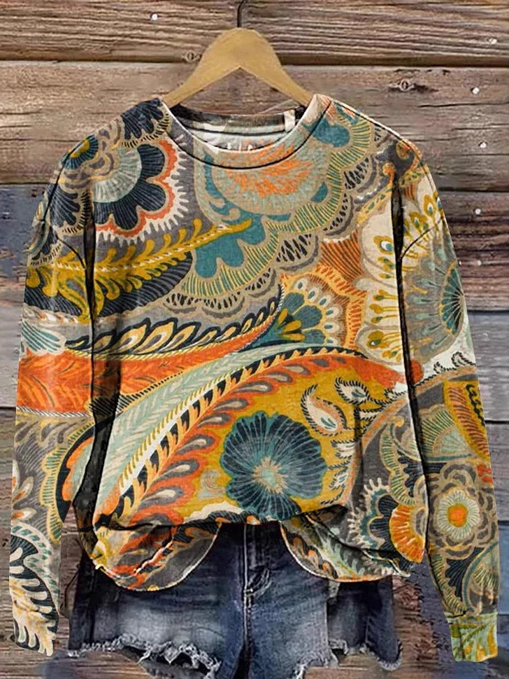 Casual Crew Neck Ethnic Sweatshirt