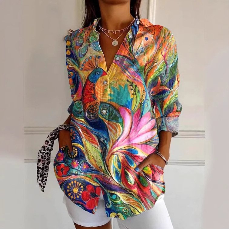 Shirt Collar Long Sleeve Floral Regular Loose Shirt For Women