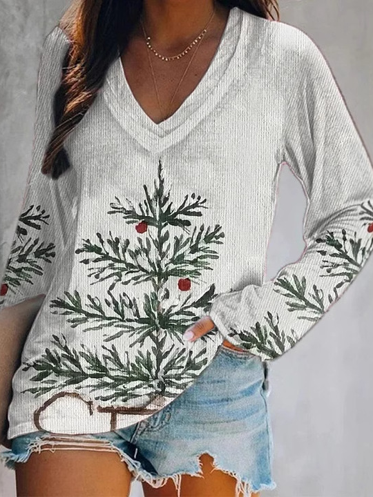 Casual Christmas V Neck Long Sleeve T-shirt