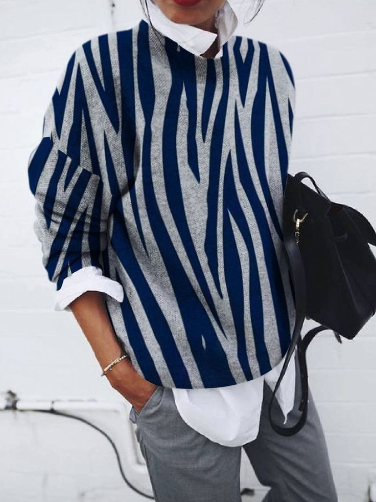 Casual Crew Neck Striped Sweatshirt Zipper