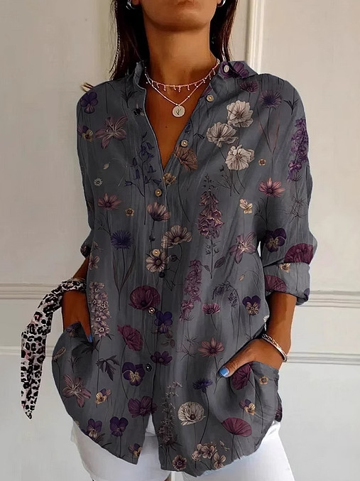 Shirt Collar Long Sleeve Floral Regular Loose Shirt For Women