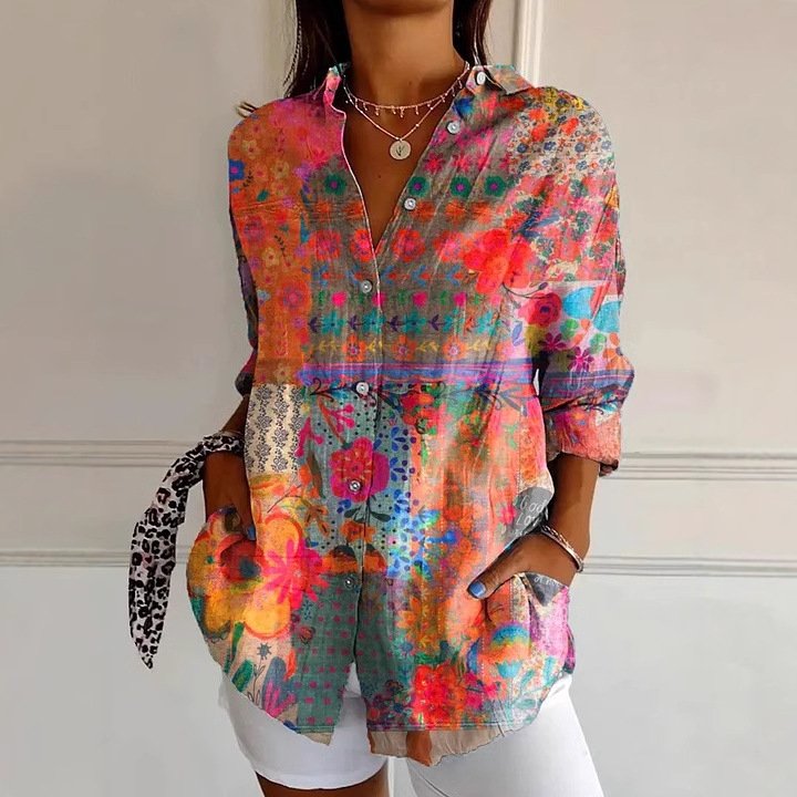 Shirt Collar Long Sleeve Floral Regular Loose Shirt For Women