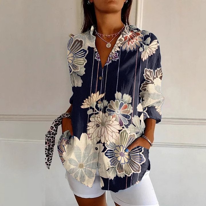 Shirt Collar Long Sleeve Floral Regular Loose Shirt For Women