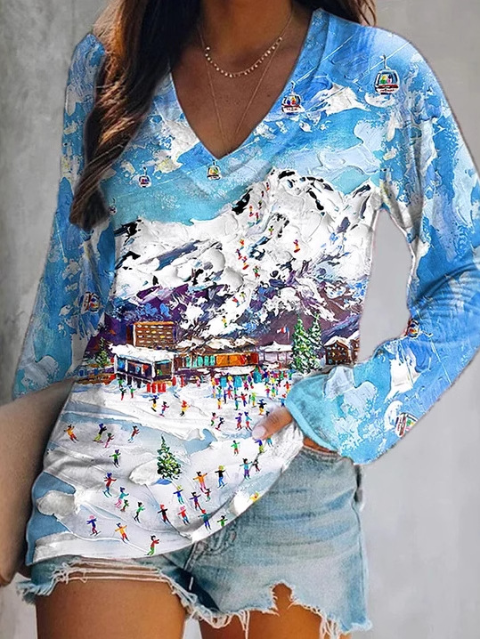 Casual Christmas V Neck Long Sleeve T-shirt