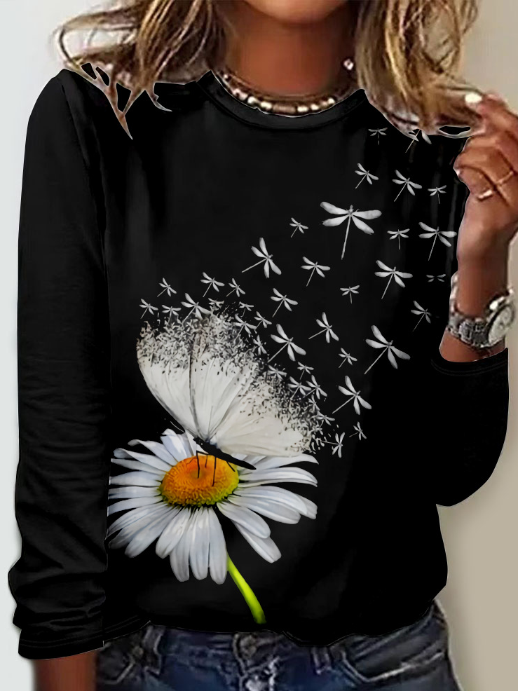 Casual Floral Crew Neck Long Sleeve T-shirt