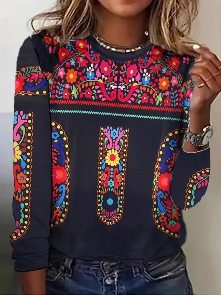 Casual Floral Crew Neck Long Sleeve T-shirt