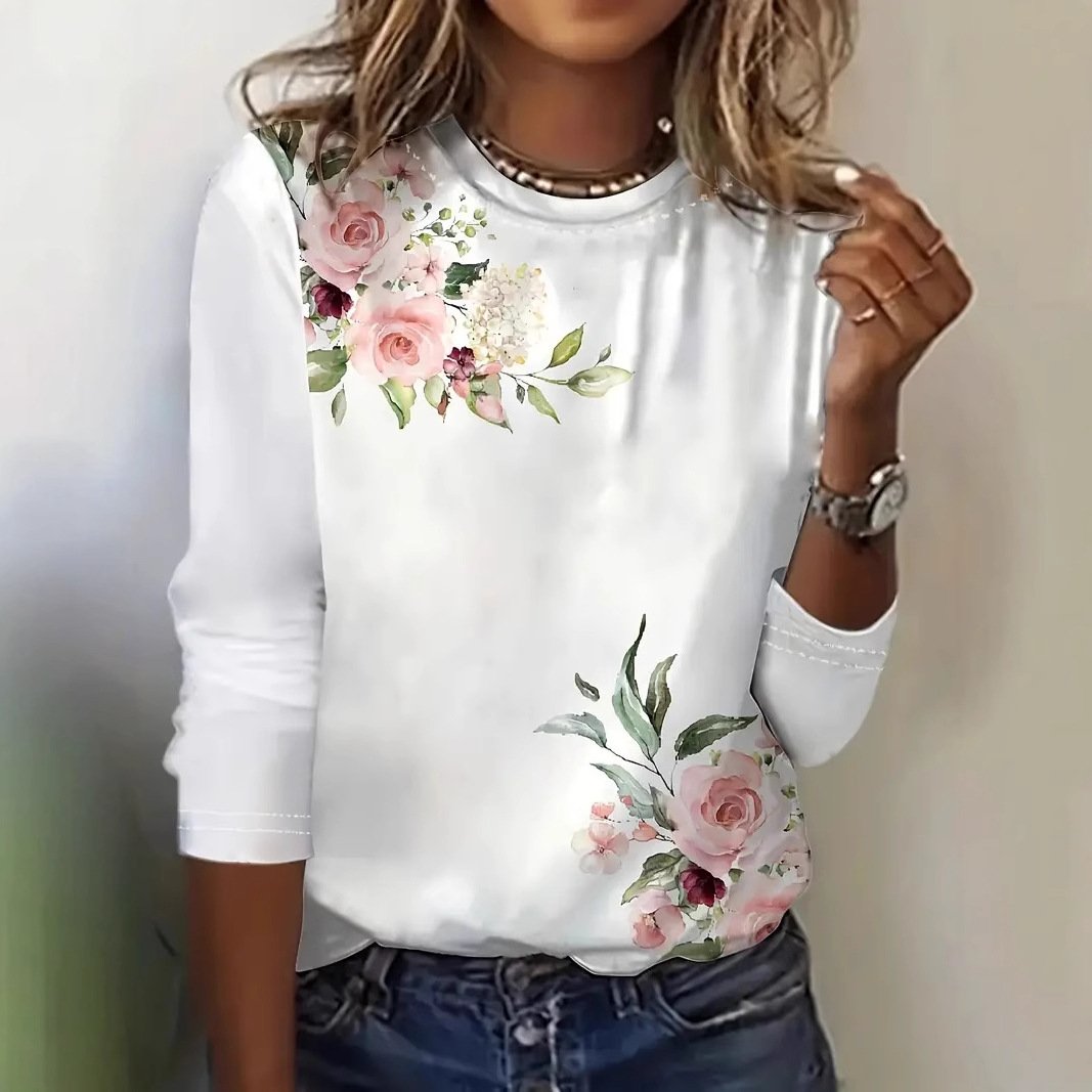 Casual Floral Crew Neck Long Sleeve T-shirt