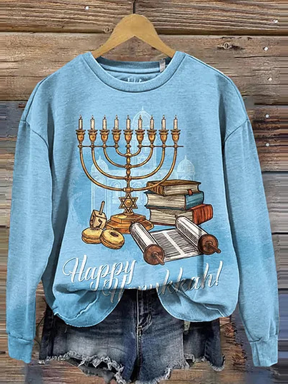 Casual Crew Neck Geometric Hanukkah Sweatshirt