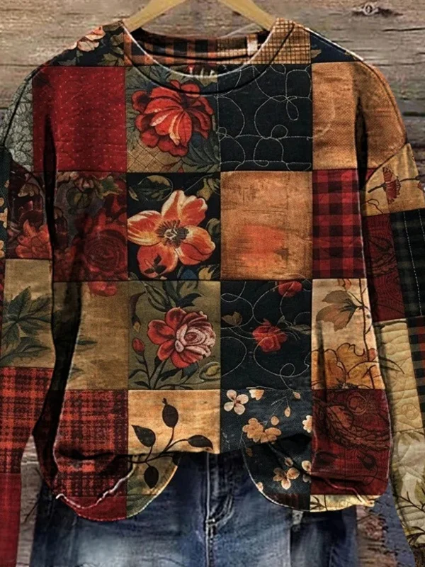 Vintage Crew Neck Plaid Sweatshirt