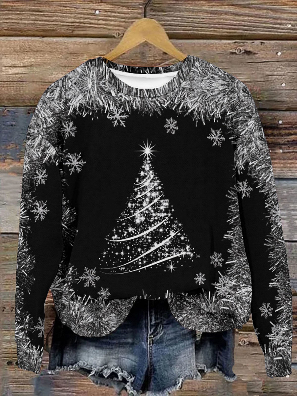 Casual Crew Neck Christmas Tree Sweatshirt