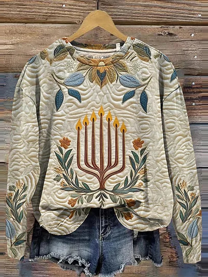 Casual Crew Neck Geometric Hanukkah Sweatshirt