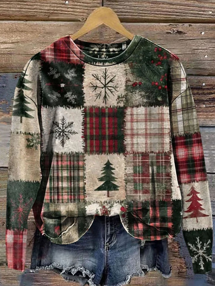 Christmas Vintage Crew Neck Plaid Sweatshirt