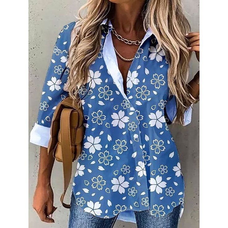 Shirt Collar Long Sleeve Floral Regular Loose Shirt For Women