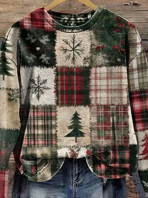 Christmas Vintage Crew Neck Plaid Sweatshirt