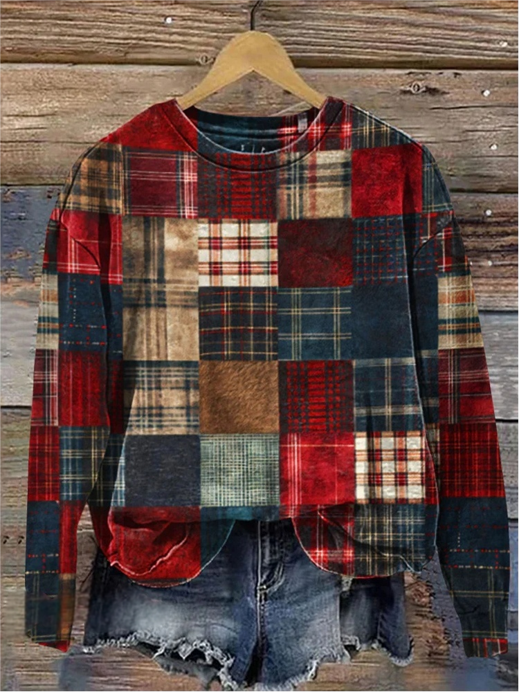 Vintage Crew Neck Plaid Sweatshirt