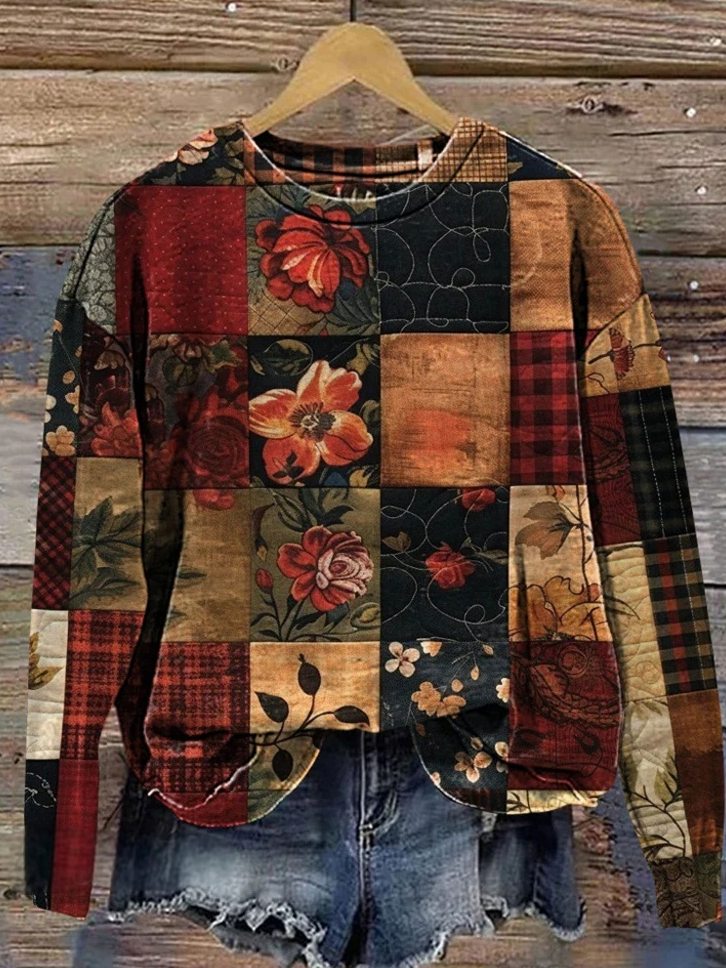 Vintage Crew Neck Plaid Sweatshirt