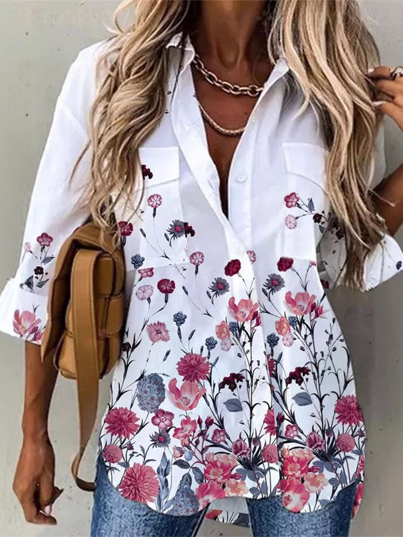 Shirt Collar Long Sleeve Floral Regular Loose Shirt For Women