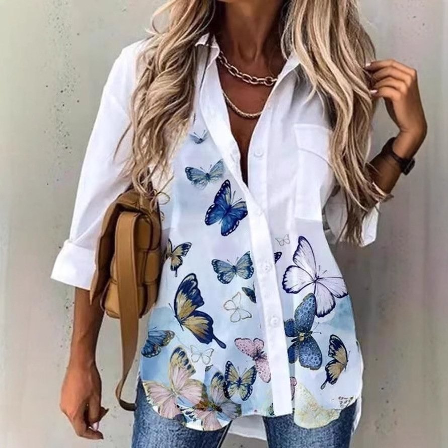 Shirt Collar Long Sleeve Floral Regular Loose Shirt For Women