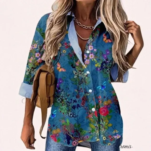 Shirt Collar Long Sleeve Floral Regular Loose Shirt For Women