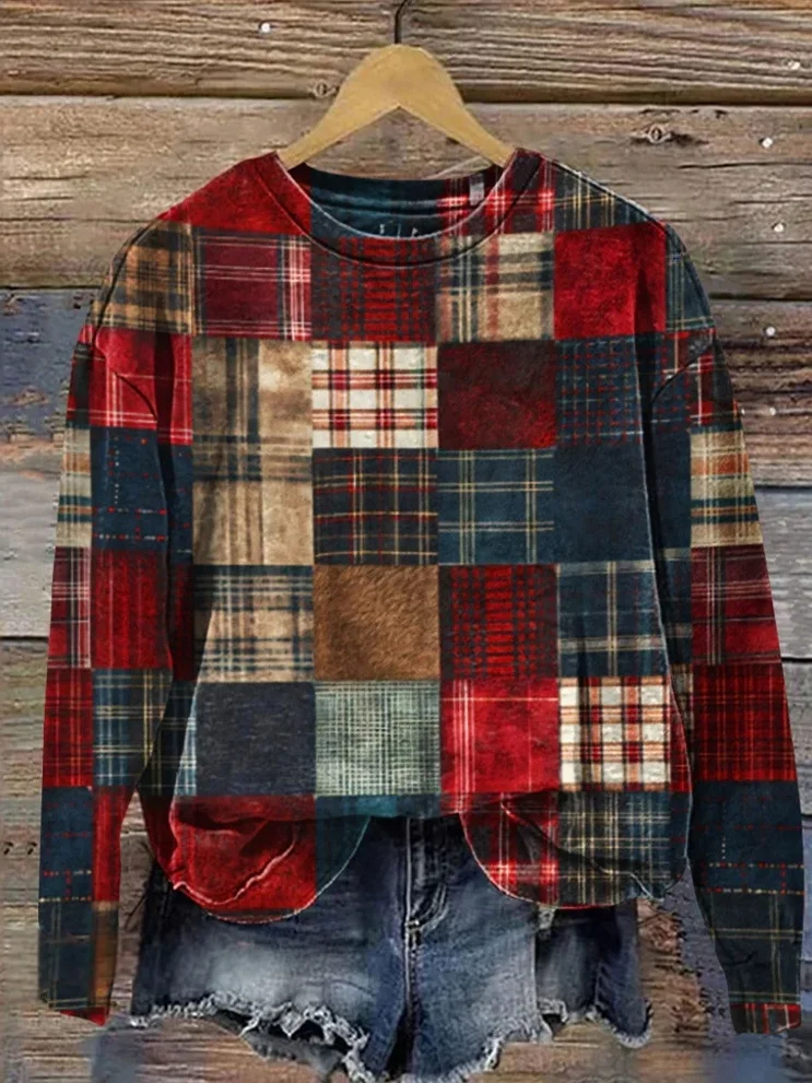 Vintage Crew Neck Plaid Sweatshirt