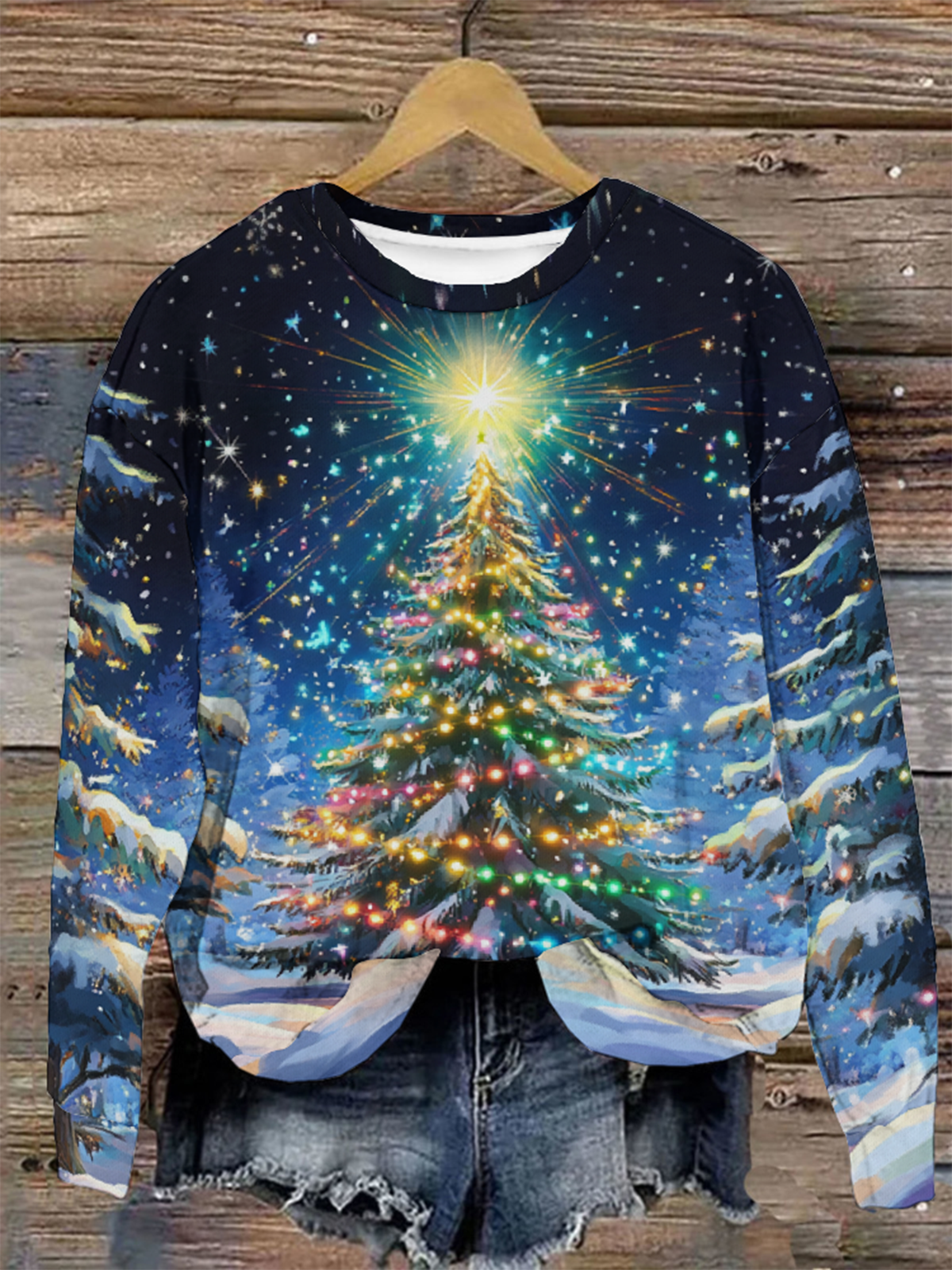 Casual Crew Neck Christmas Tree Sweatshirt