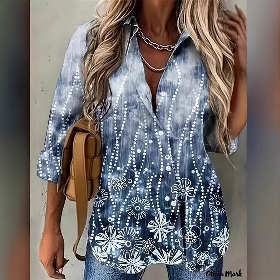 Shirt Collar Long Sleeve Floral Regular Loose Shirt For Women