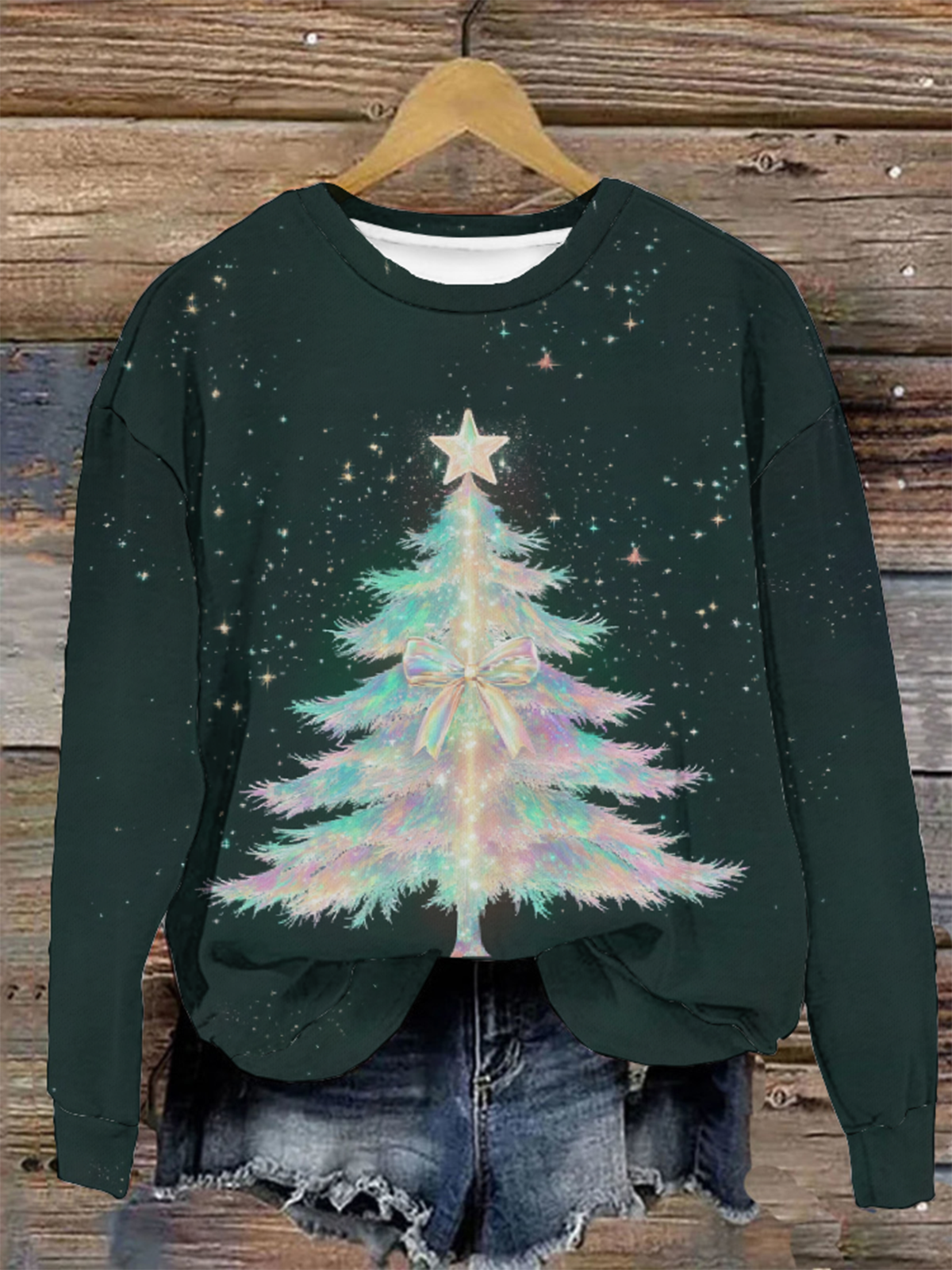 Casual Crew Neck Christmas Tree Sweatshirt