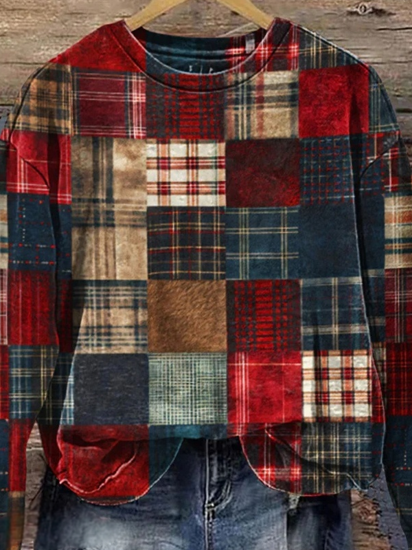 Vintage Crew Neck Plaid Sweatshirt