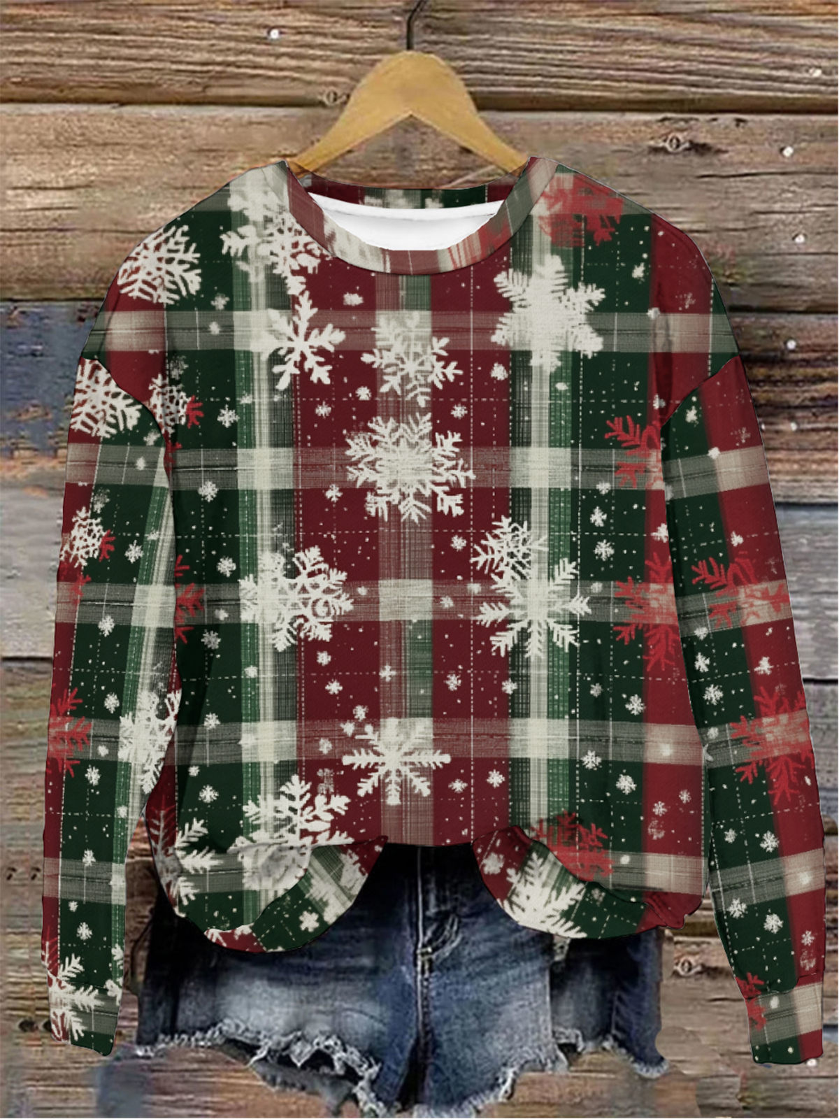 Casual Crew Neck Plaid Sweatshirt