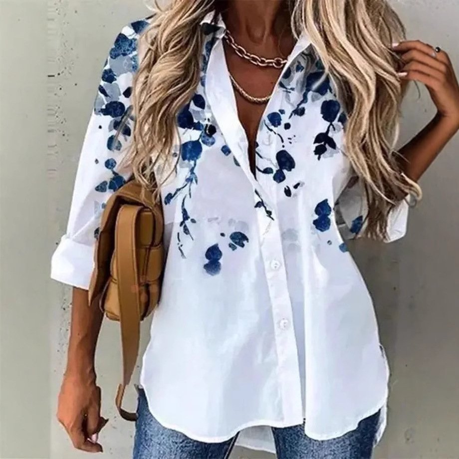 Shirt Collar Long Sleeve Floral Regular Loose Shirt For Women