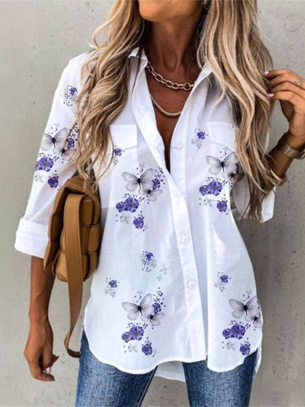 Shirt Collar Long Sleeve Floral Regular Loose Shirt For Women